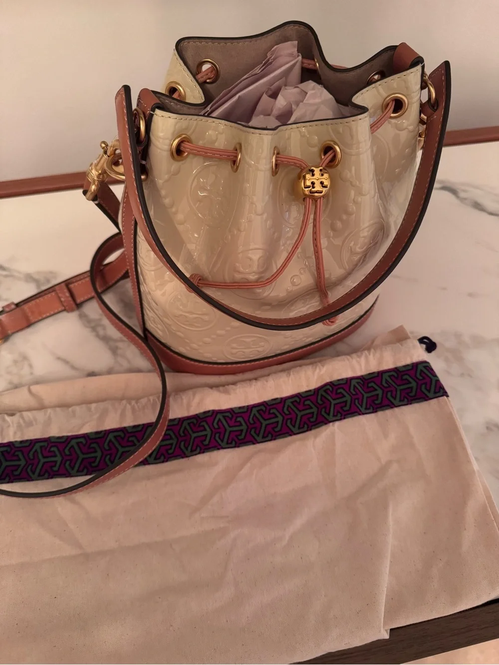 Tory Burch Cream and Tan Embossed Bucket Bag - NEVER USED